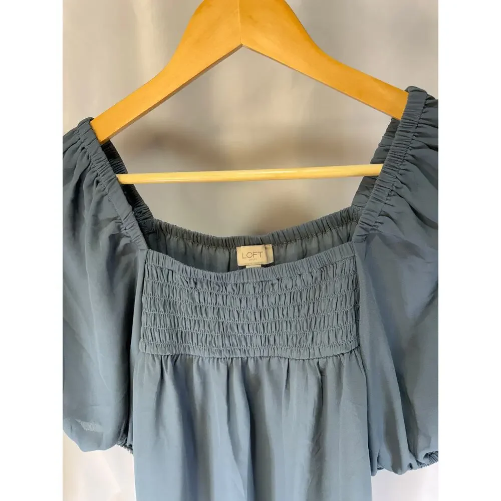 LOFT Outlet Womens Small Blue Gray Smocked Square Neck Puff Sleeve Blouse